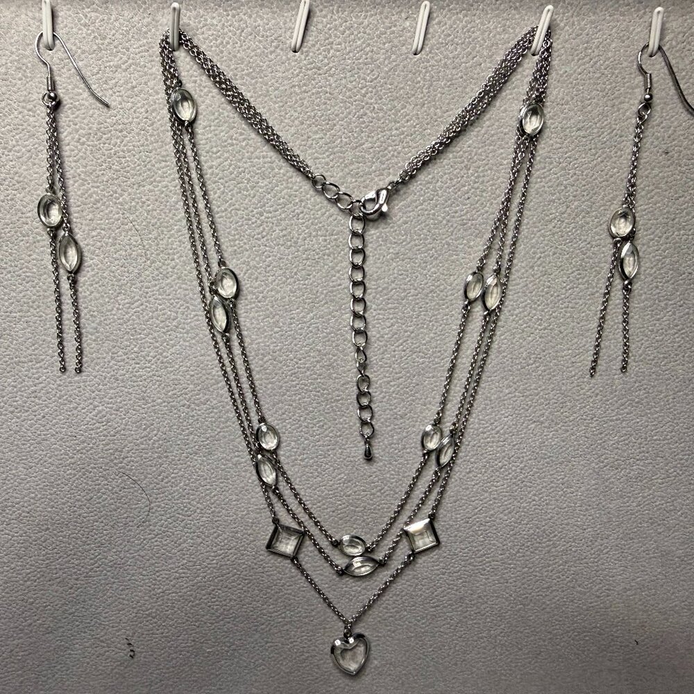 Silver Park Lane Jewelry Layered Bezel Heart Necklace Earrings Set